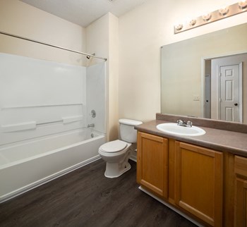 Bathroom with wide vanity and wood-designed flooring at The Oaks of St. Clair in Moody, AL - Photo Gallery 15