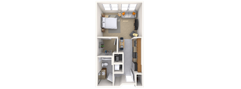 a rendering of a bedroom floor plan with a bathroom and a living room