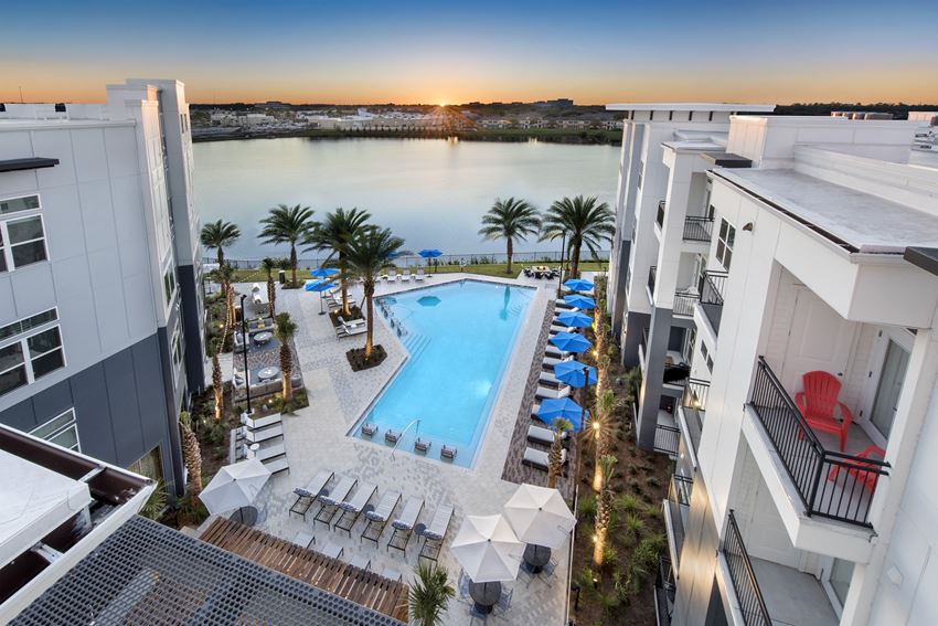 Aerial view of Ravella at Town Center apartments for rent in Jacksonville with resort-style swimming pool - Photo Gallery