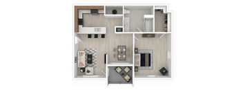 One-bedroom/one-bathroom floor plan layout with 792 square feet at Reagan Crossing apartments for rent in Covington, LA