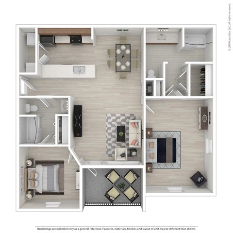 Two-bedroom/two-bathroom floor plan layout with 1,114 square feet at Reagan Crossing apartments for rent in Covington, LA