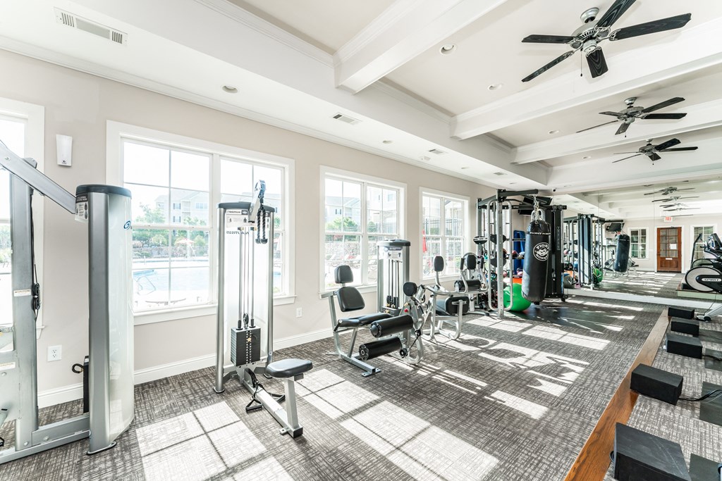 Premium fitness center with weight machines and strength equipment at Riverstone apartments for rent in Macon, GA