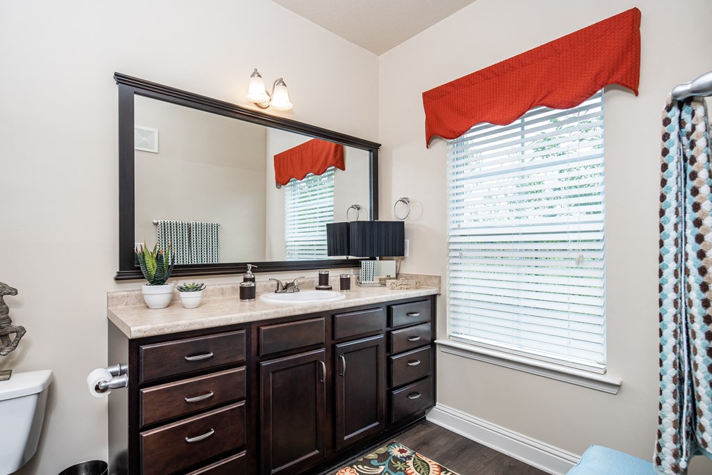 Bathroom with window, vanity, and toilet at Riverstone apartments for rent in Macon, GA