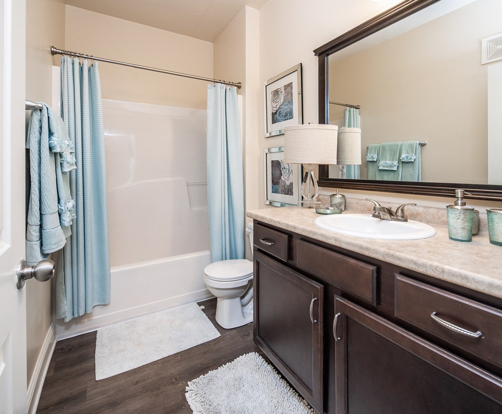 Bathroom with vanity, toilet, and tub/shower at Riverstone apartments for rent in Macon, GA