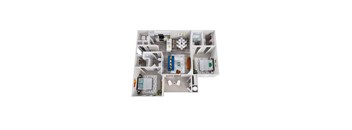 A top-down view of a small apartment layout with a living room, kitchen, and bedroom.