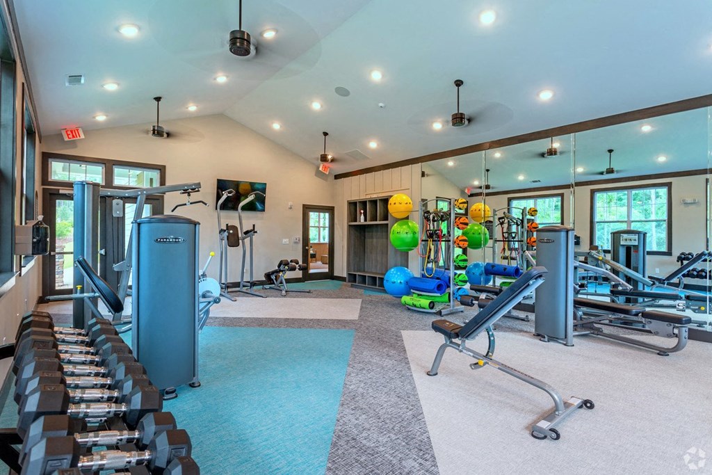 Fully equipped premium fitness center at Lullwater at Blair Stone apartments for rent