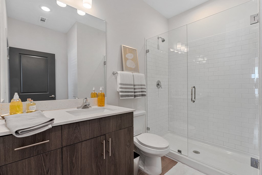 a bathroom with a shower and a sink and a toilet