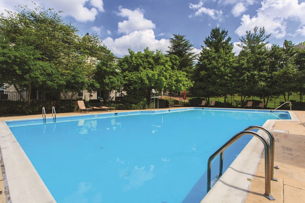 Sparkling swimming pool surrounded by lush landscaping at Stonecreek Club