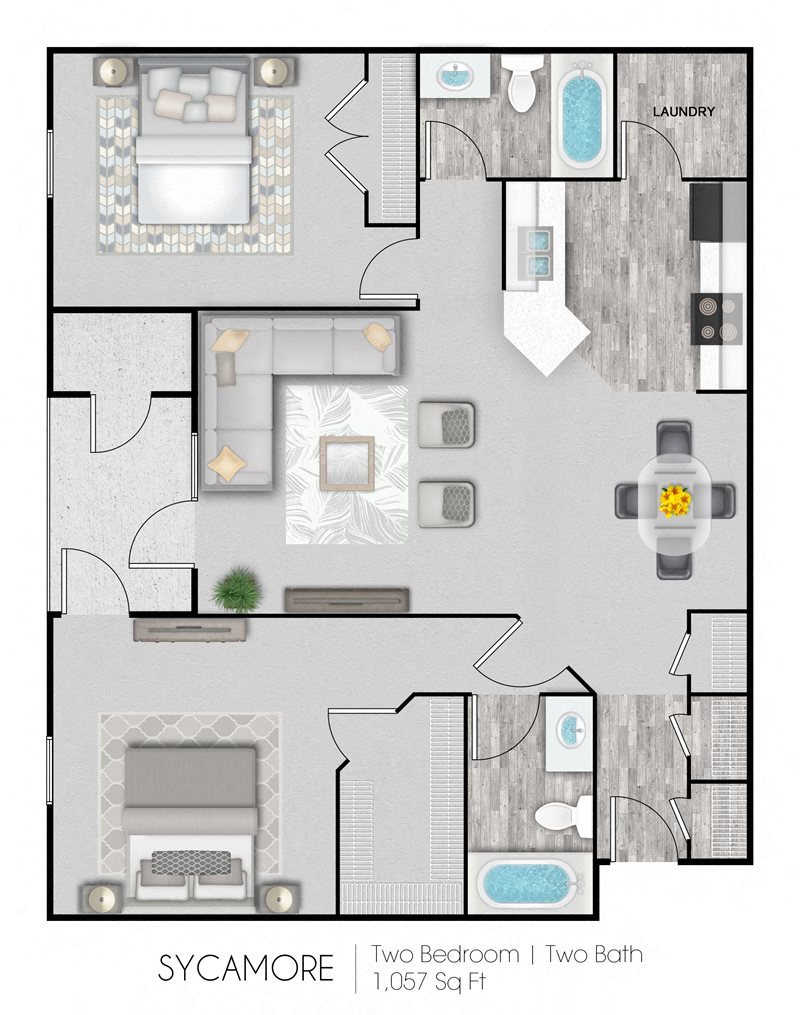 Summer Trace two bedroom & two bathroom floor plan with 1057 square feet called Sycamore in Gulf Shores, AL