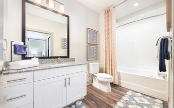 Bathroom with wood-designed flooring, large vanity counter, and shower/tub at The Highland - Photo Gallery 29