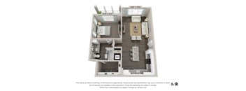 A 3D floor plan of an apartment with a living room, kitchen, and two bedrooms.