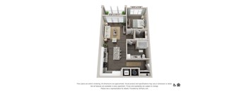 A 3D floor plan of a small apartment with a kitchen, living room, and bathroom.