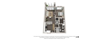 A 3D floor plan of a small apartment with a living room, kitchen, and bathroom.