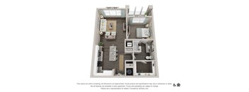 A 3D floor plan of a two-bedroom apartment with a living room, kitchen, and bathroom.