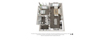 A 3D floor plan of a small apartment with a kitchen, living room, and bedroom.