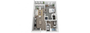A1 1-bedroom/1-bathroom 3D floor plan layout with 721 square feet at The Retreat at Fairhope Village in Fairhope, AL