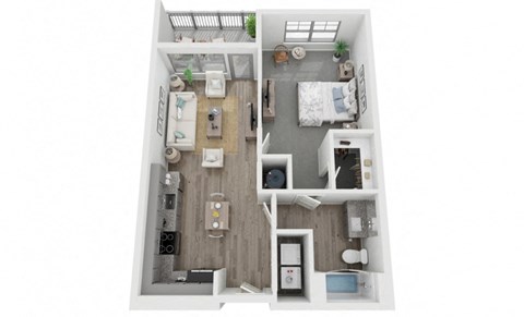 A1 1-bedroom/1-bathroom 3D floor plan layout with 721 square feet at The Retreat at Fairhope Village in Fairhope, AL