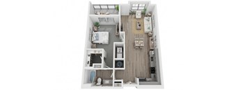 A2 1-bedroom/1-bathroom 3D floor plan layout with 859 square feet at The Retreat at Fairhope Village in Fairhope, AL