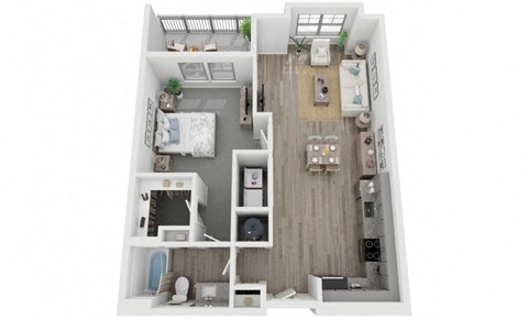 A2 1-bedroom/1-bathroom 3D floor plan layout with 859 square feet at The Retreat at Fairhope Village in Fairhope, AL