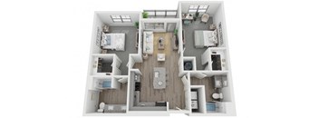 B1 2-bedroom/2-bathroom 3D floor plan layout with 1,073 square feet at The Retreat at Fairhope Village in Fairhope, AL