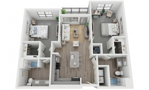 B1 2-bedroom/2-bathroom 3D floor plan layout with 1,073 square feet at The Retreat at Fairhope Village in Fairhope, AL