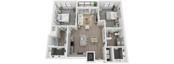 B2 2-bedroom/2-bathroom 3D floor plan layout with 1,212 square feet at The Retreat at Fairhope Village in Fairhope, AL