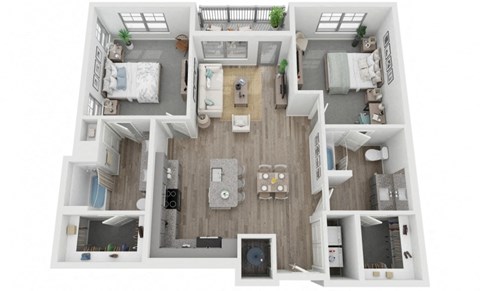 B2 2-bedroom/2-bathroom 3D floor plan layout with 1,212 square feet at The Retreat at Fairhope Village in Fairhope, AL