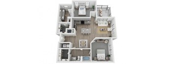 B3 2-bedroom/2-bathroom 3D floor plan layout with 1,288 square feet at The Retreat at Fairhope Village in Fairhope, AL