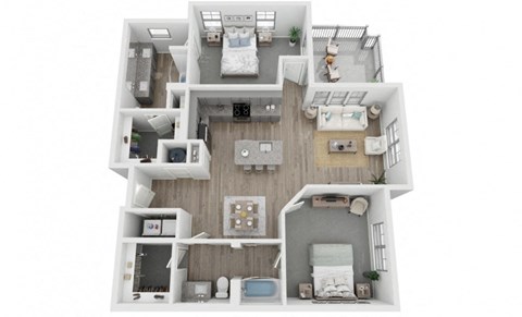B3 2-bedroom/2-bathroom 3D floor plan layout with 1,288 square feet at The Retreat at Fairhope Village in Fairhope, AL