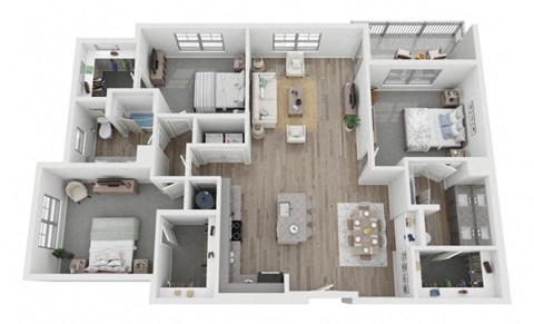 C1 3-bedroom/2-bathroom 3D floor plan layout with 1,556 square feet at The Retreat at Fairhope Village in Fairhope, AL