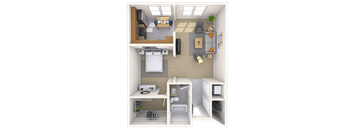 a 3d rendering of a room with a kitchen and a living room