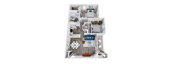 A top-down view of a small apartment with a kitchen, living room, and bedroom.