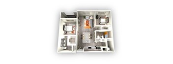 A 3D floor plan of a small apartment with a kitchen, living room, and bathroom.