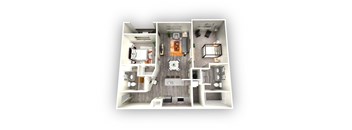A 3D floor plan of a house showing the layout of the rooms.