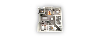 A 3D floor plan of a house with a kitchen, living room, and bedrooms.