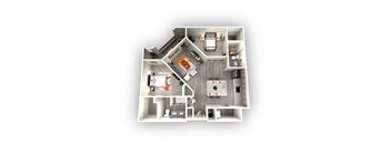 A 3D floor plan of a house with a kitchen, living room, dining room, and two bedrooms.