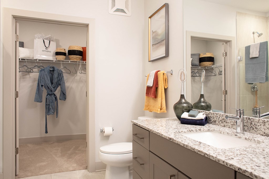 Spacious apartment bathroom with storage closet at Foundry Yards apartments for rent in Birmingham