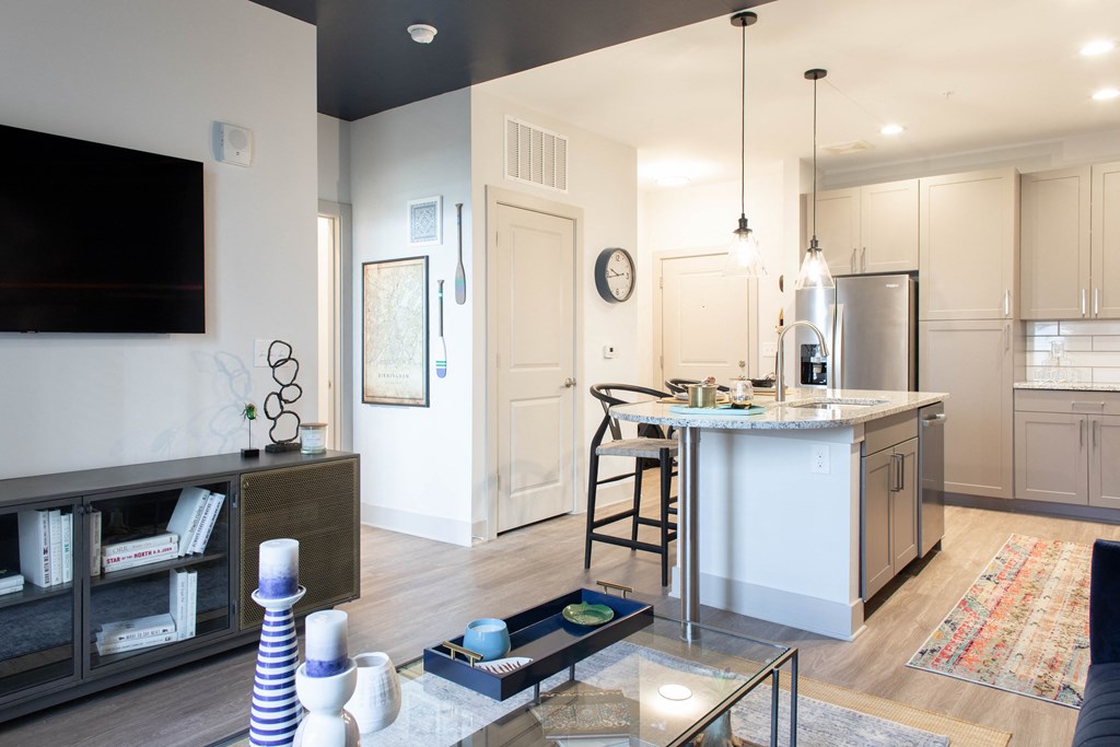 Birmingham AL apartment living room with view of kitchen at Foundry Yards