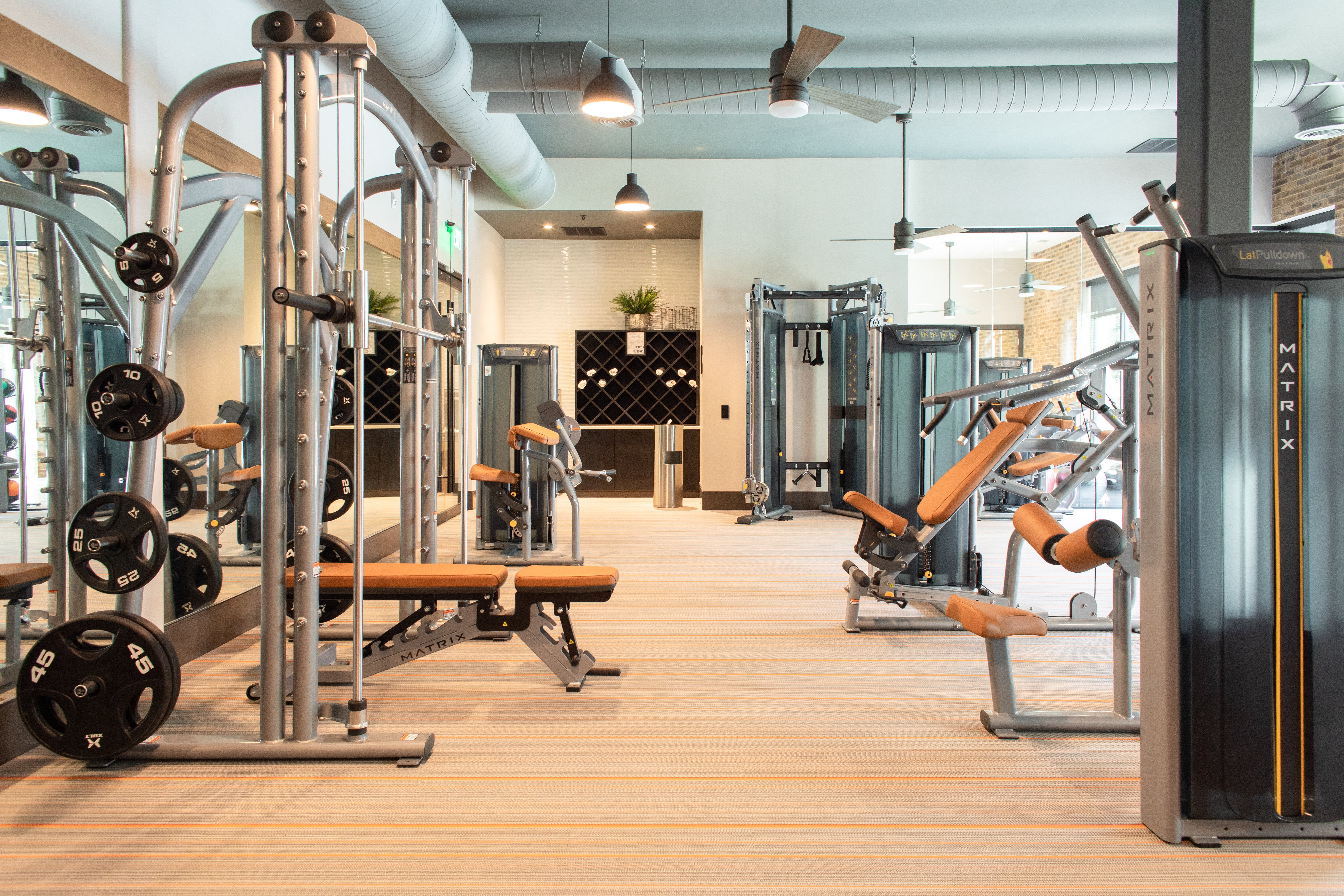 Weight equipment at Foundry Yards apartment building fitness center.