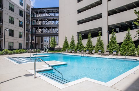 Apartment building swimming pool at Foundry Yards in Birmingham, AL