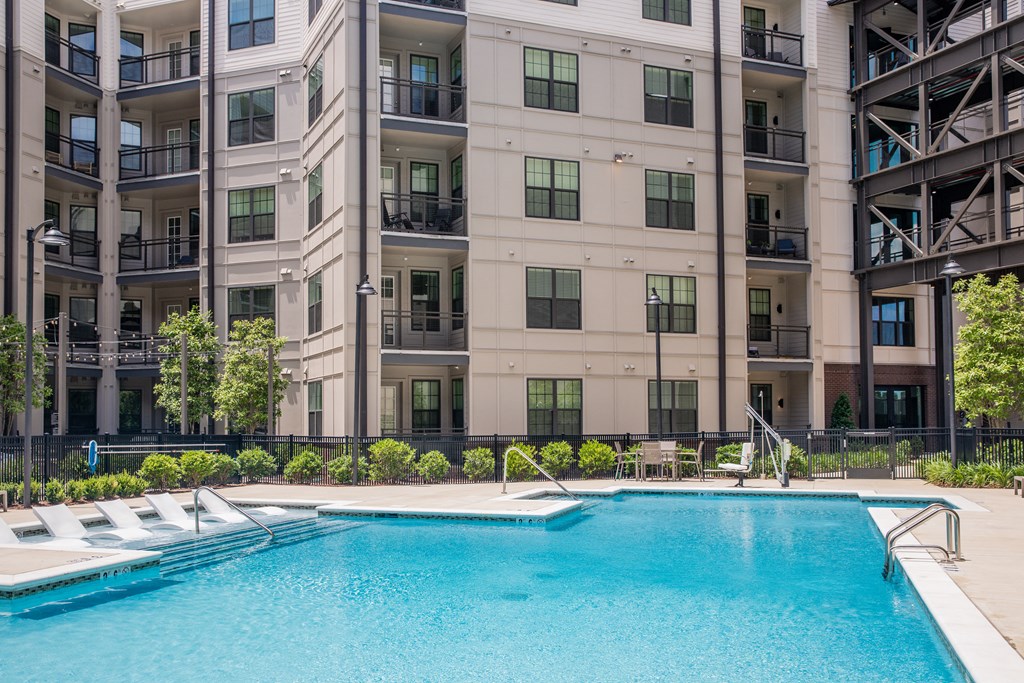 Luxury, resort-style swimming pool at Foundry Yards apartments in Birmingham, AL