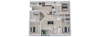 Three-bedroom/two-bathroom floor plan layout with 1,371 square feet at Reagan Crossing apartments for rent in Covington, LA