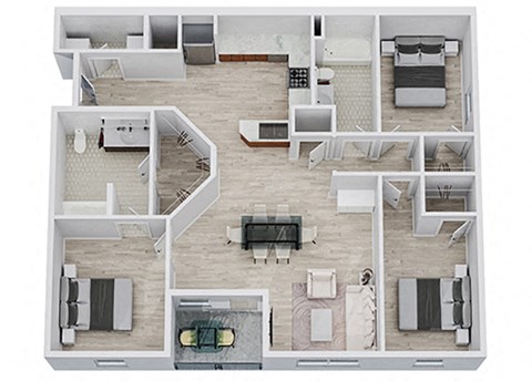 Three-bedroom/two-bathroom floor plan layout with 1,371 square feet at Reagan Crossing apartments for rent in Covington, LA