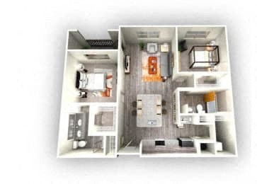 2-bedroom/2-bathroom floor plan layout of 1,060 square feet of space at EOS Orlando apartments for rent