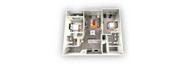 2-bedroom/2-bathroom floor plan layout of 1,112 square feet of space at EOS Orlando apartments for rent