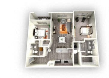 2-bedroom/2-bathroom floor plan layout of 1,112 square feet of space at EOS Orlando apartments for rent