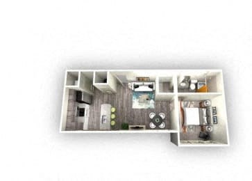 1-bedroom/1-bathroom floor plan layout of 605 square feet of space at EOS Orlando apartments for rent