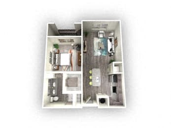 1-bedroom/1-bathroom floor plan layout of 711 square feet of space at EOS Orlando apartments for rent