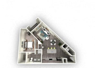 1-bedroom/1-bathroom floor plan layout of 799 square feet of space at EOS Orlando apartments for rent