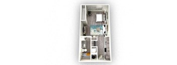 1-bedroom/1-bathroom floor plan layout of 488 square feet of space at EOS Orlando apartments for rent